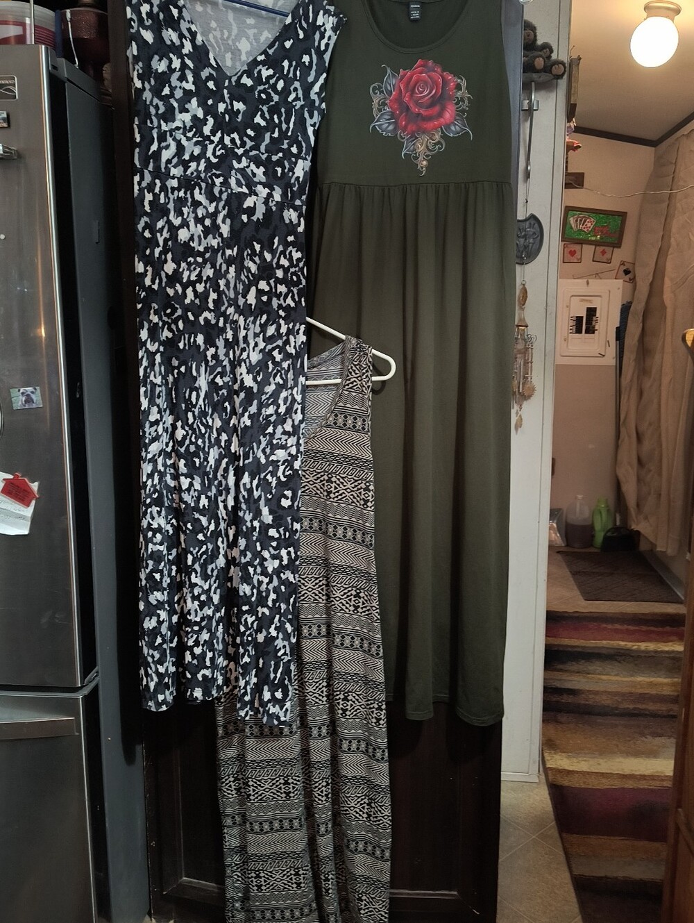 3 Large poly/Cotton Sleeveless Maxi Dresses One with Red Rose Detail
